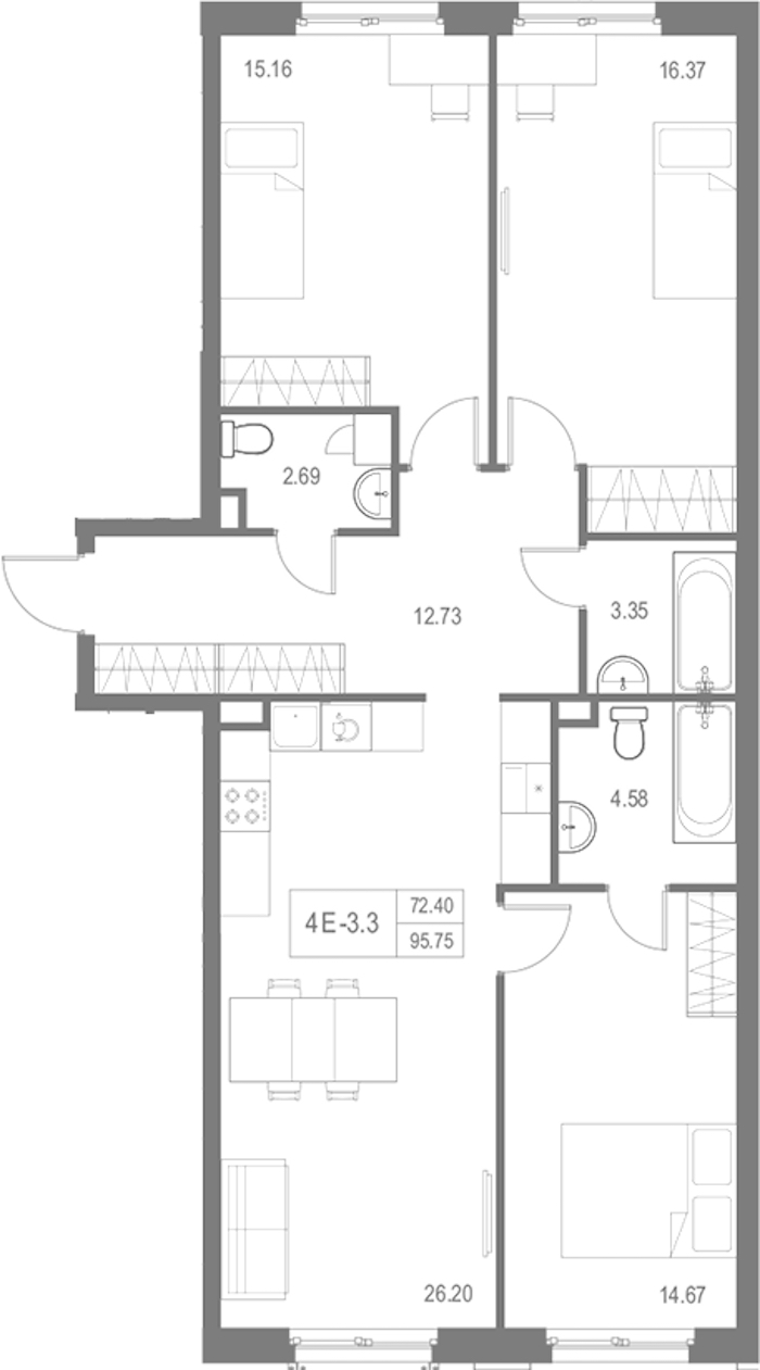 3-комнатная квартира 95.75 м², 2/17 эт., Комплекс апартаментов «Zoom на Неве»